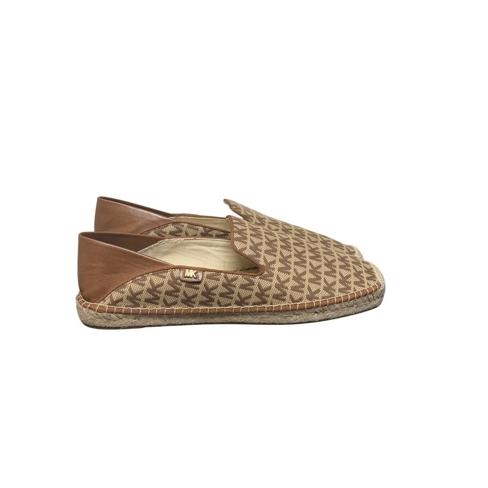 Michael Kors Shaila Espadrille Women 9.5 Brown Beige Monogram Logo Square‎ Toe